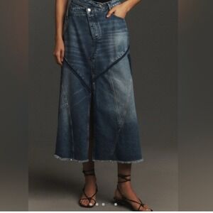 Anthropologie Pilcro Reworked Denim Midi Skirt Blue Patchwork Asymmetric Size 4